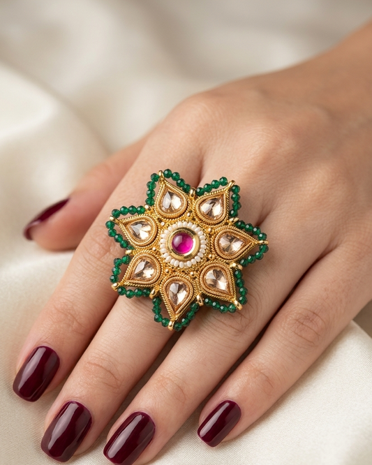 Emerald Lotus Kundan Ring