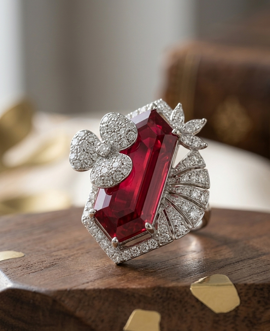 Elegant ring with a red gemstone and diamond accents on a wooden surface.