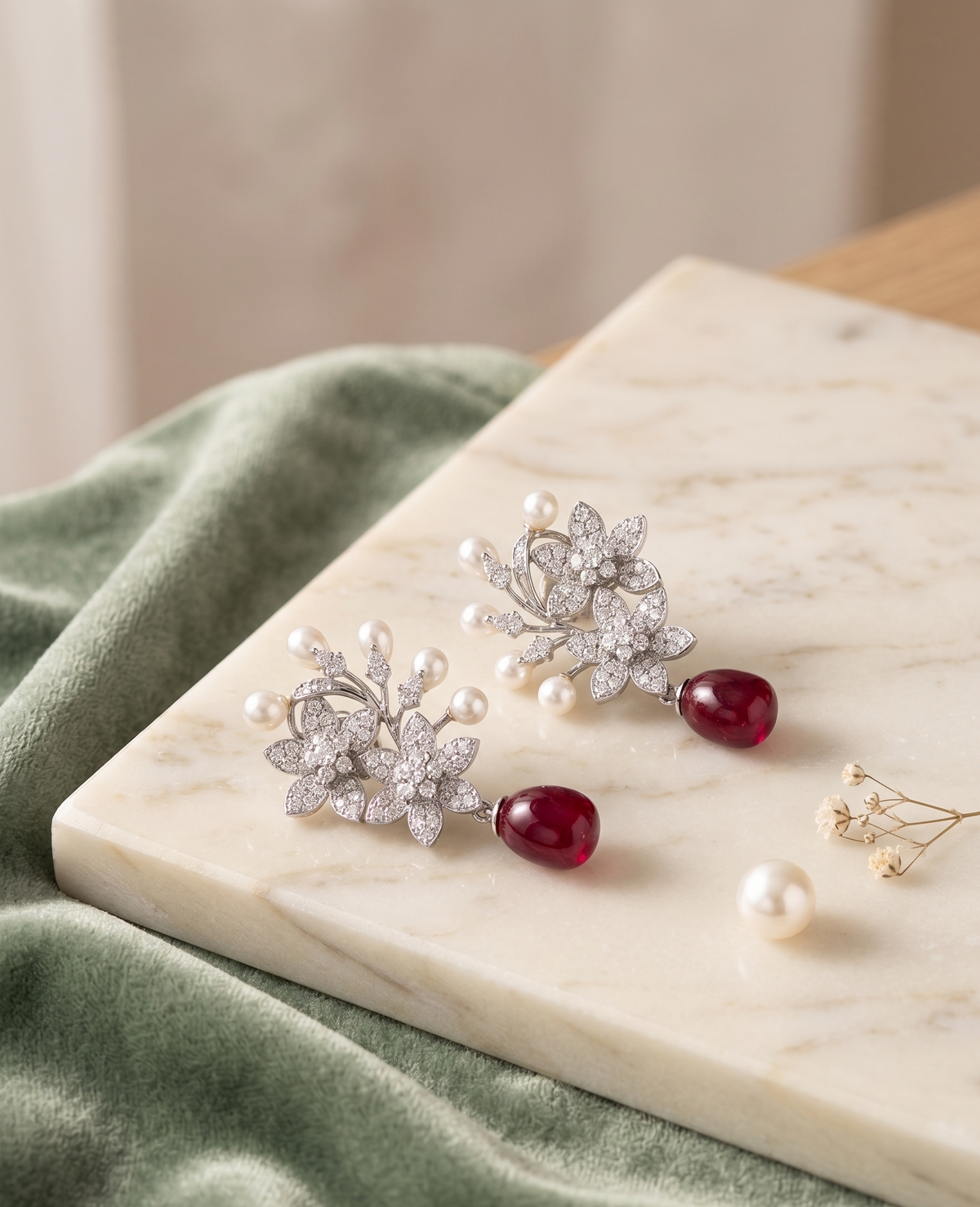 Pair of silver earrings with red gemstones on a marble surface