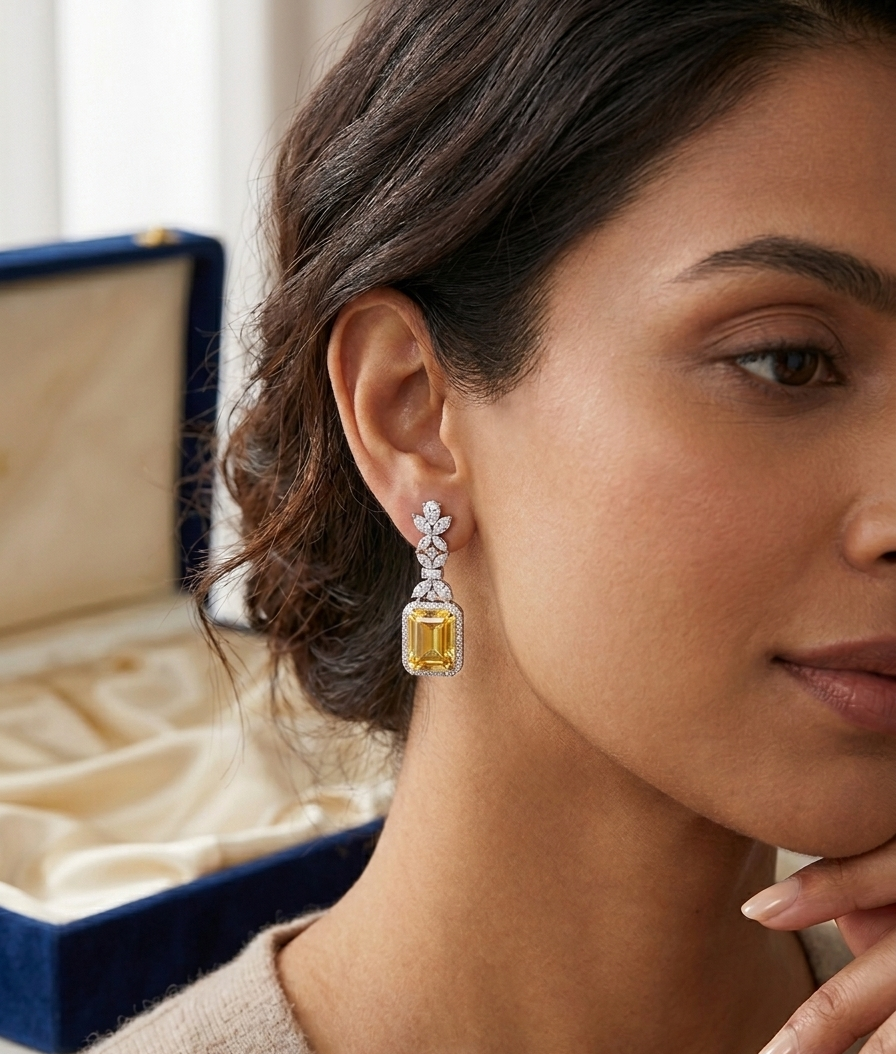 Woman wearing a pair of diamond and yellow gemstone earrings with an open jewelry box in the background.