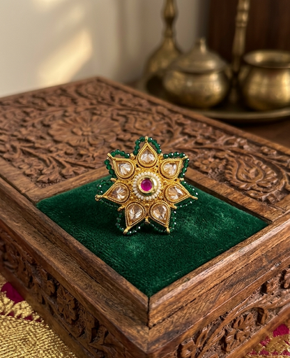 Emerald Lotus Kundan Ring
