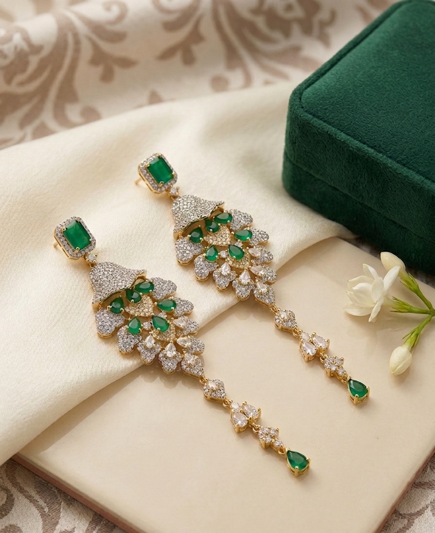 Pair of emerald and diamond earrings on a textured surface with a green jewelry box.