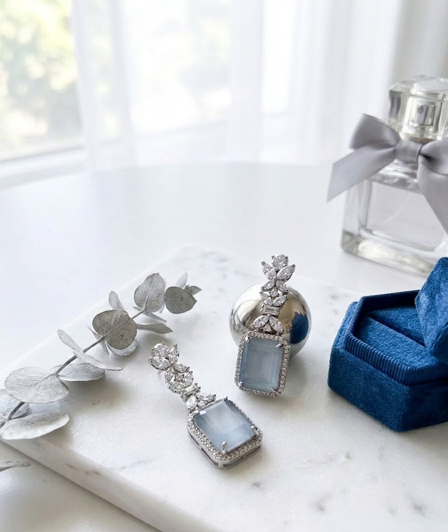 Silver earrings with blue stones on a marble surface with a blue box and eucalyptus leaves.