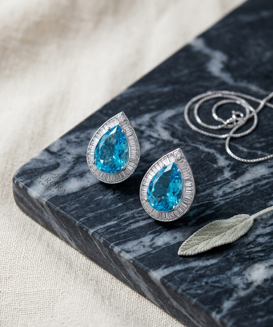 Teardrop-shaped blue gemstone earrings on a dark marble surface with a necklace.