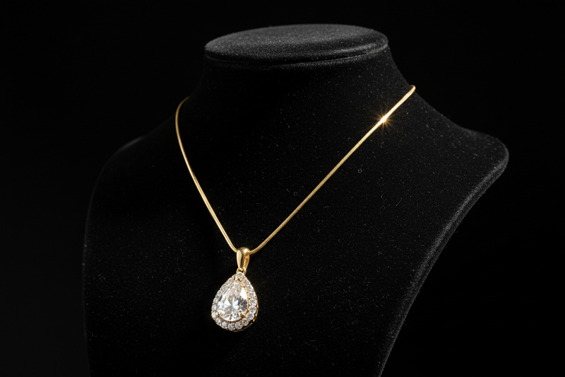 A luxury jewellery product shot featuring a delicate gold necklace with a sparkling diamond pendant, displayed elegantly on a black velvet mannequin bust. Soft dramatic studio lighting highlighting the brilliance of the diamonds, deep black background for a premium and elegant feel. Minimalist composition, high contrast, realistic textures, professional fashion photography, luxury jewellery brand aesthetic, no text, no watermark, no logo.