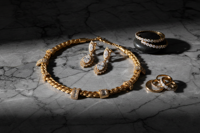 Aesthetic jewellery composition with gold and diamond pieces styled on a dark marble surface, soft shadows, cinematic lighting, elegant and modern luxury feel, editorial jewellery photography, ultra-realistic, no text, no branding.