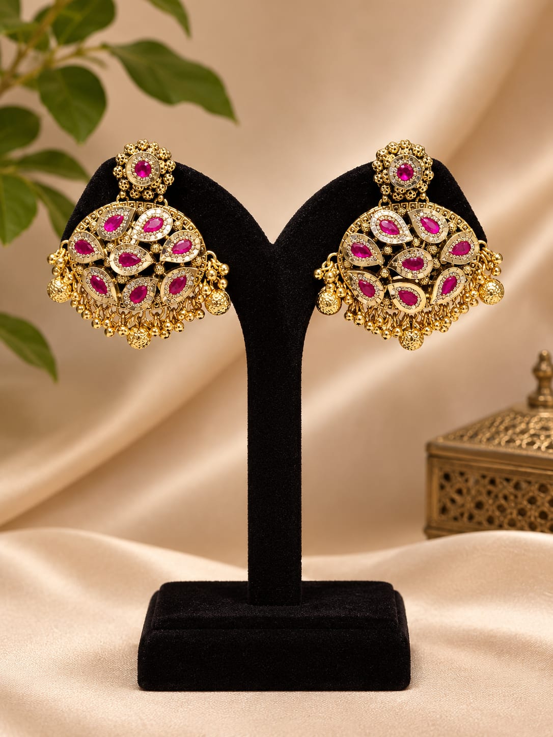 Rajrani Ruby Jhumka with intricate gold-toned detailing and rich red accents